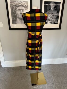 Women's Plaid Belted Midi Dress in Yellow & Black